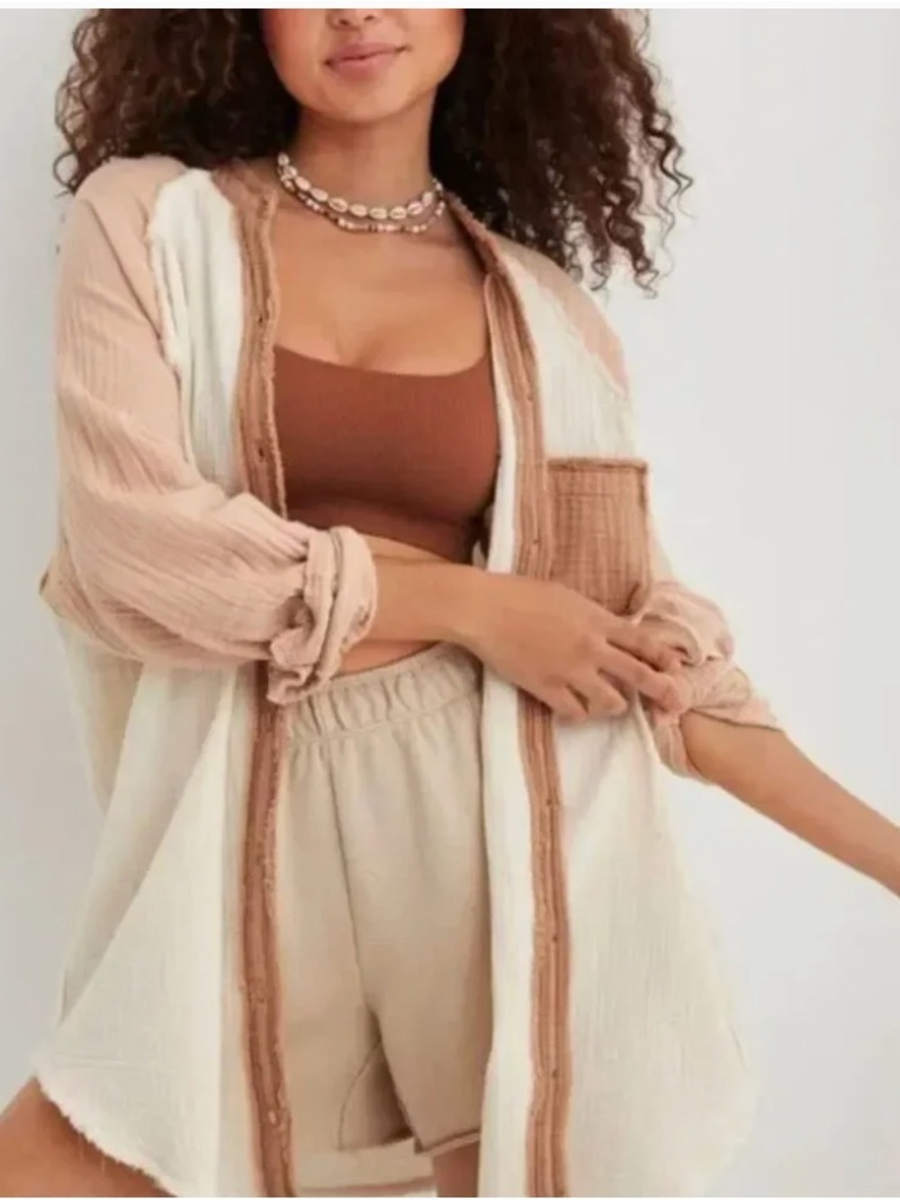Aerie pool to party color block white Cream Button-Front Gauze Shirt brown
